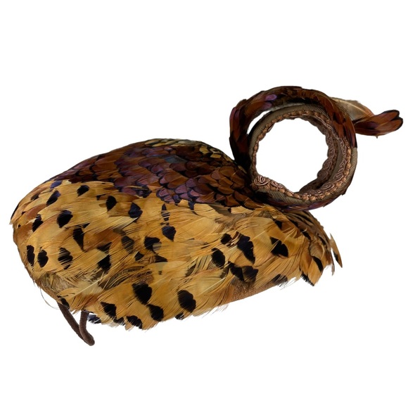 Vintage Pheasant Feather Casque Cap Hat Curly Unique Flapper Style Handmade 40s - Picture 8 of 14